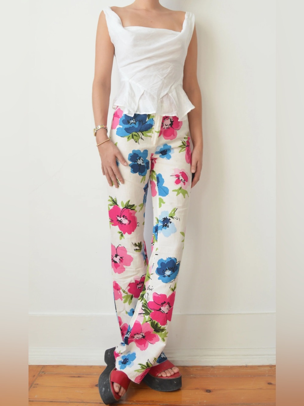 Vintage Moschino Linen & Cotton Floral Trousers. Size 6, 14inch Waist.